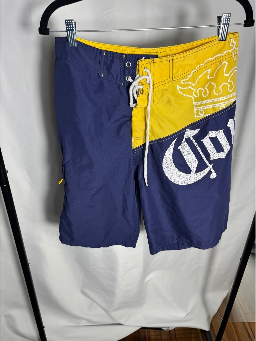 Corona Extra Men's Board Shorts Swim Trunks Size 34 Yellow Navy